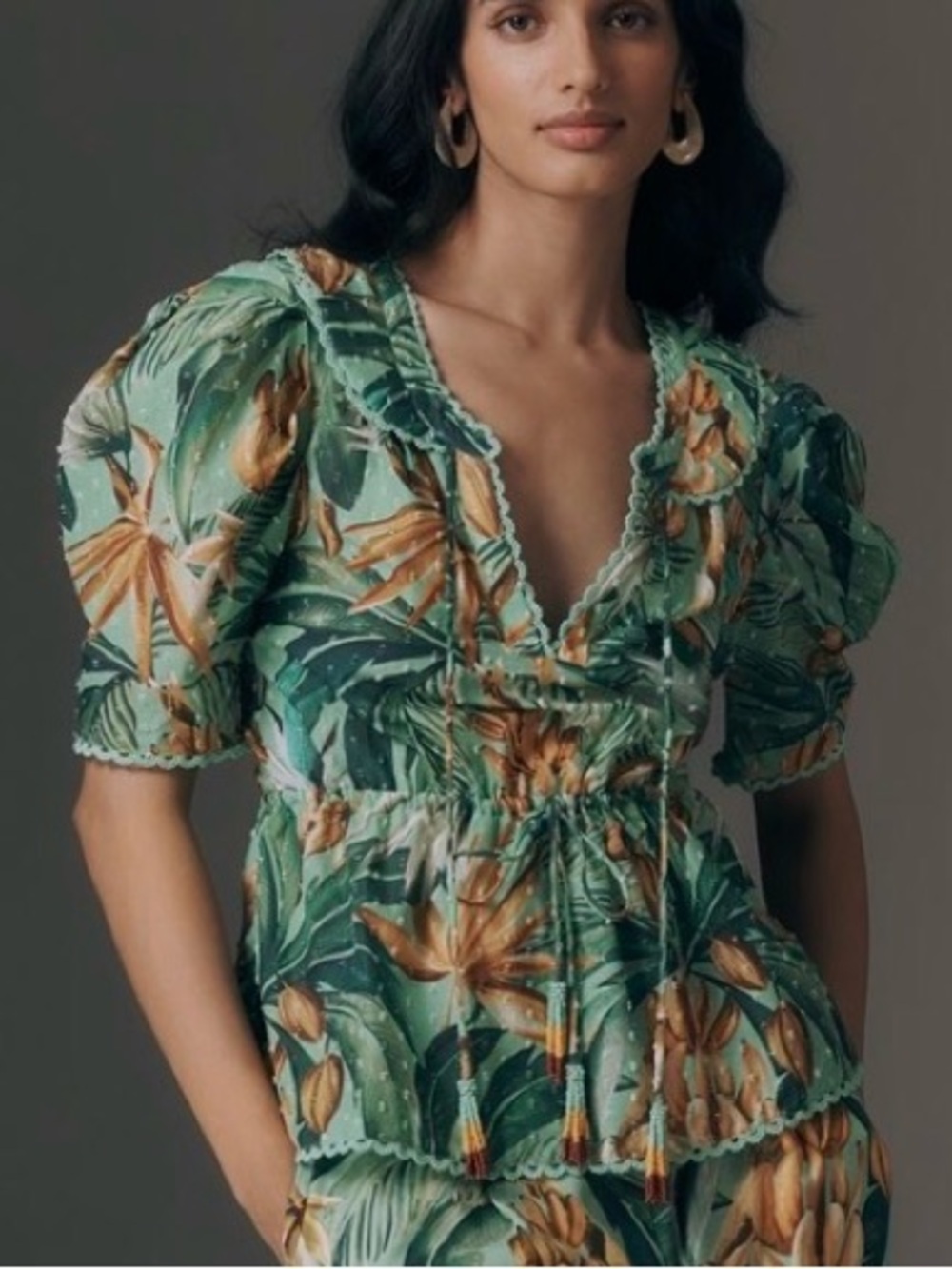 Farm Rio Puff-Sleeve Babydoll Blouse. Size S. MSRP $158